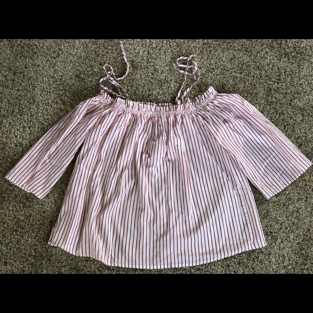 Red and white striped, off the shoulder top!